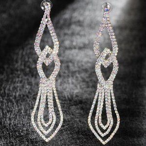 Aurora Borealis AB Rhinestone crystal LONG 5.25 pageant prom earrings